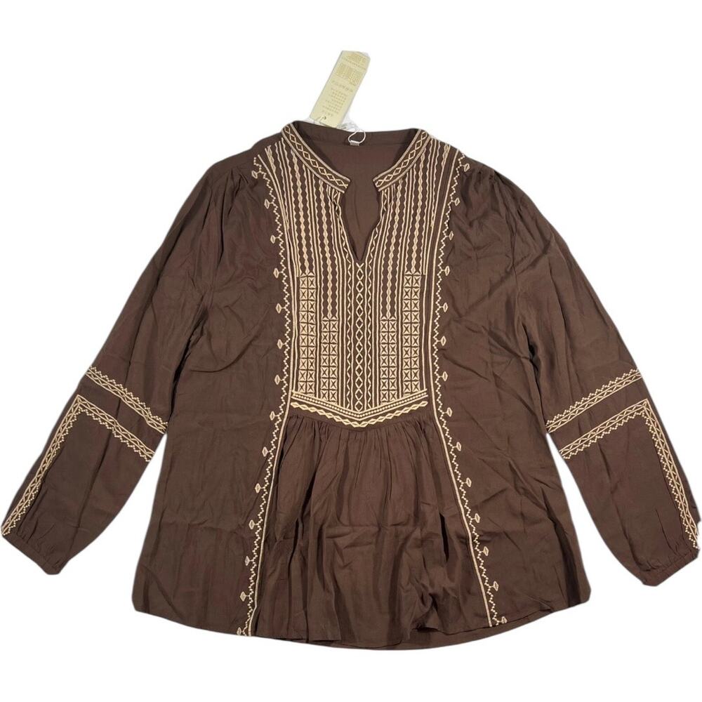 Komili Brown Boho Embroidered Peasant Tunic Top, Folk Babydoll, Plus Size 2X